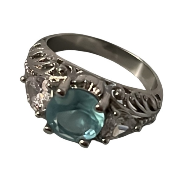 Elegant Art Deco Sterling Silver Aquamarine & White Sapphire Gemstone Ring - Picture 4 of 13